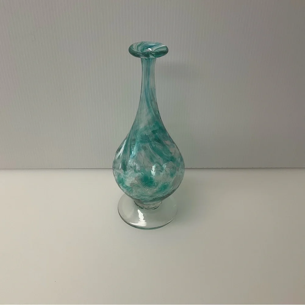 LC ROFF Vase Hand Blown Glass Teardrop Signed Swirls 9” Tall Aqua